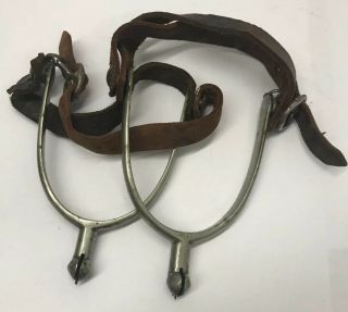 Vintage Nickle Horse Riding Stirrups With Spurs With Leather Straps
