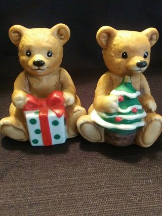 Homco Christmas Teddy Bears With Package And Tree Vintage Home Interior 5505