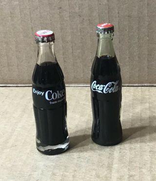 2 Vintage Miniature Coca Cola Bottles Glass W/ Metal Caps 3 Inches Tall