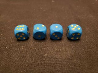 Set Of 4 Vintage Blue Wood Gambling Gaming Dice W/gold Dots