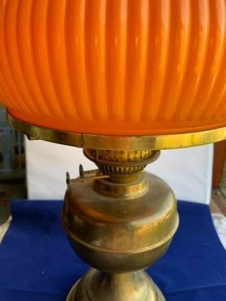 Stunning Antique Oil Lamp Duplex Orange Ribbed Glass Shade Without Chimney - 20 "