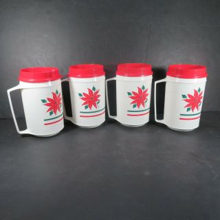 Vintage 4 Aladdin Insulated Thermal Travel Mugs Cups 12 Oz Christmas Poinsettia