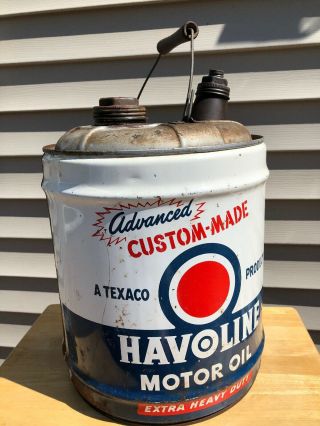 Vintage Havoline 5 Gallon Motor Oil Texaco Can 1959 W/ Caps & Wooden Handle H