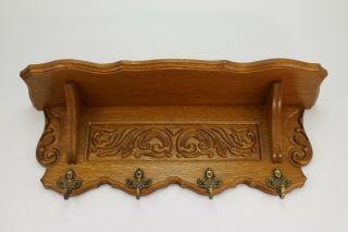 Carved Oak Coat Rack Cherub Brass Hooks E/0120
