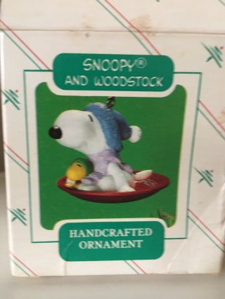 Vintage Hallmark 1986 Snoopy And Woodstock Sledding Christmas Ornament Evc