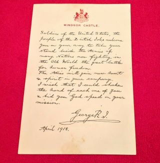 Ww I Letter From King George V To U.  S.  Soldiers Arriving To European Theater