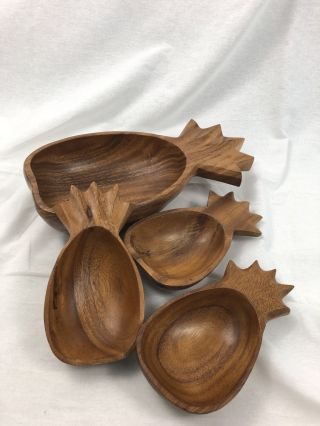 Vintage Carved Monkey Pod Wood Salad Serving Bowls Set Pineapple Shaped