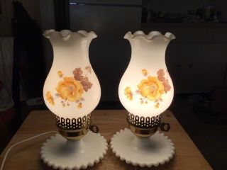 2 Vintage Milk Glass Hand Painted Floral Design Electric Hurricane Lamps