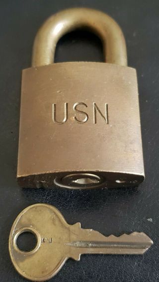 Vintage Usn U.  S.  N.  Navy Military Brass Padlock,  Corbin Cabinet Lock Co W/ Key Us