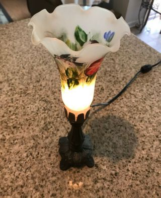 Tulip Table Lamp W/ Hand Painted Flower And Humming Bird On Glass Shade - 12 " Tall