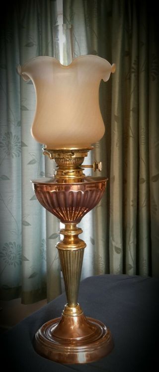 Hinks Duplex No 2 Arts,  Crafts Brass,  Copper Oil Lamp,  With Shade And Chimney.