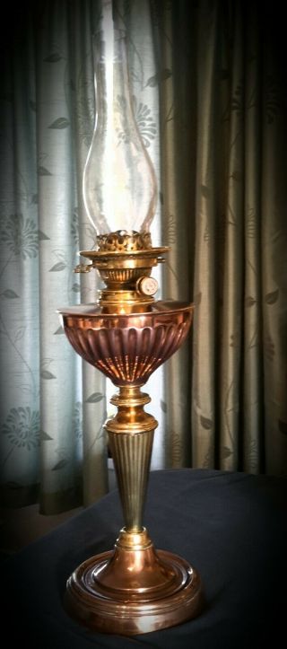 Hinks Duplex No 2 Arts,  Crafts brass,  copper oil lamp,  with shade and chimney. 2
