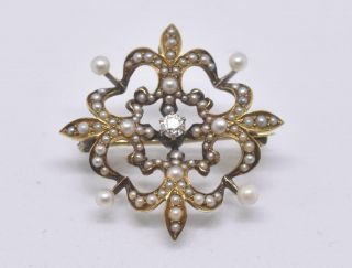 Vintage Diamond And 14k Yellow Gold Seed Pearl Brooch Pin.