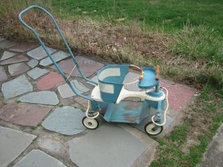 Vintage 1950s Taylor Tot Blue White Metal Wood Baby Stroller Walker All