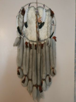 Vintage Native American Mandella Dream Catcher With Fur,  Wool & Feathers