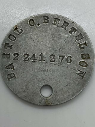 Vintage Wwi Bartol Bertelson Us Army Soldiers Identification Dog Tag