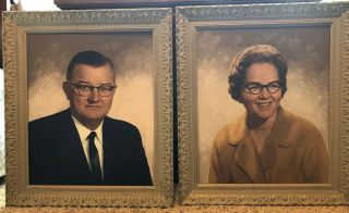 Vintage Portrait Pair Signed John E Reed Oil Painting Framed And Stretched.