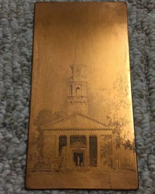 Vintage Copper Printing Plate Church Etching 7” X 4” Signed Cdh 1933 Heavy