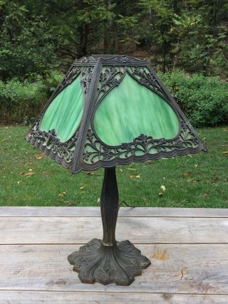 Antique Vtg Art Nouveau Green Marble Slag Glass Ornate Heavy Cast Metal Lamp