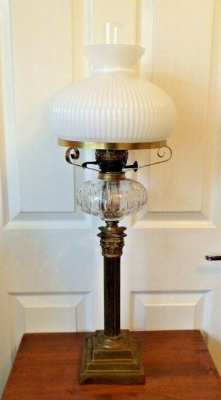 A Lovely Vintage Brass Column Large Brass Oil Lamp With Shade Order