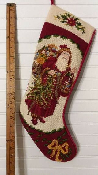 Vtg Needlepoint Christmas Stocking Old World Santa