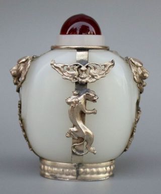 Exquisite Chinese Old Afghanistan White Jade Silver Gecko Snuff Bottle