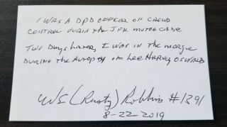 Autographed Rusty Robbins Index Card W/loa Dallas Police Jfk Lee Harvey Oswald