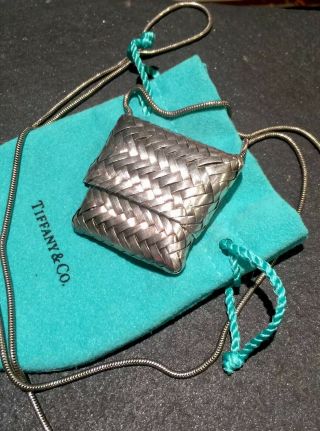 Tiffany & Co.  Vintage Sterling Silver Basket Weave Purse Slide Pendant & Chain