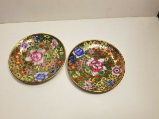 2 Vintage Hand - Painted Chinese Porcelain Small Dish Plate 4 1/2 " Oriental Floral