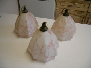 3 X Early 20th Century Pink Veined Glass Lamp Shades (2151)