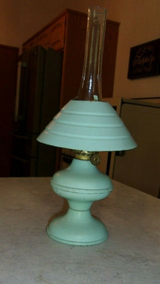 Vtg P&a Mfg Co Acorn Miniature Metal Oil Lamp Green Clear W/chimney & Shade 9.  5 "