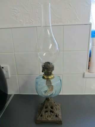 Antique Victorian Blue Glass Oil Lamp Chimney Lovely 53cms