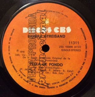 Barbra Streisand - Chile Rare Promo Single 45 Rpm 1979 M - The Main Event/fight