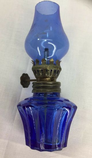 Vintage Small Cobalt Blue Glass Oil Lamp Made In Hong Kong Vtg Collectible Mini