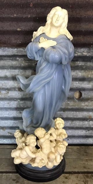 Vtg Virgin Mary Madonna G Ruggeri Baby Blue Alabaster Statue 5 Angel Cherubs