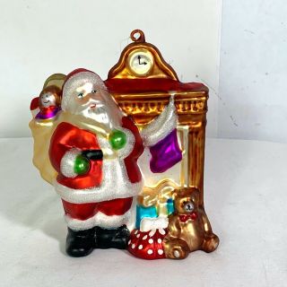 Vintage Santa With Fireplace & Toys Hand Blown Glass Christmas Ornament