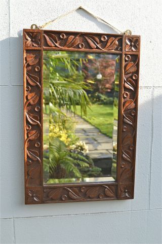 Arts And Crafts Hand Carved Oak Wall Mirror Circa.  1910