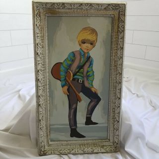 Mid - Century Painting Retro Paint By Number Maio Big Eyed Boy Mod Guitar Vtg