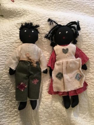Primitive Black Americana Folk Art 2 Cloth Dolls Girl And Boy Handmade