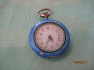 Antique Argent Dore Blue Guilloche Enamel Gold Leaf Pendant Pocket Watch