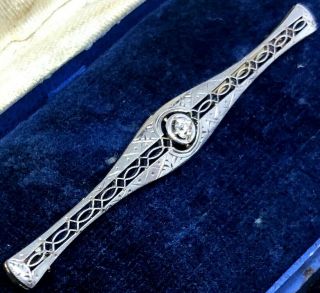Antique Vintage Signed 14k Solid Yellow & White Gold & Diamond Bar Pin Brooch