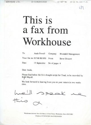 Rik Mayall Scripts For Toad & Zelda.  Direct From His Estate.  Documents