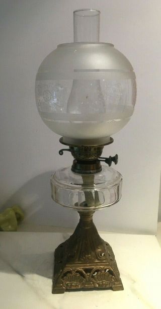 Antique Clear Facet Cut Oil Lamp With Triangle Cast Metal Base Round Shade