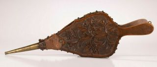 Antique Hand Tooled Wood & Leather Floral Motif Fire Place Stoker Bellows Tool