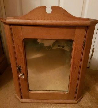 Antique Oak Wood Corner Cabinet With Mirror And Key.  Cupboard