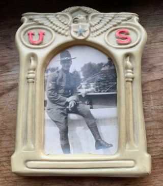 Antique Wwi Celluloid Frame With Photo Of Soldier Smoking Cigarette