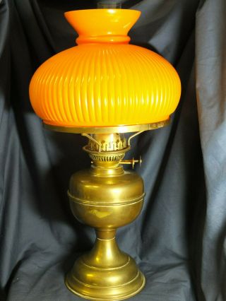 Antique Large English Duplex Brass Oil Lamp With Ribbed Orange Shade,  C1920