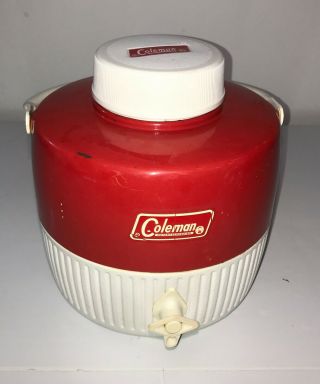 Vintage Coleman 1 Gallon Metal Thermos Water Cooler Jug Red White Made In Usa