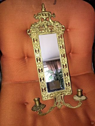 Vintage Brass Victorian Baroque Wall Mirror Candle Sconce Dolphin 21”