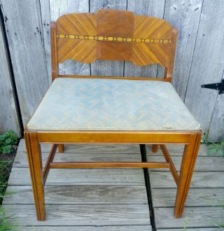 Vintage Art Deco Wood Marquetry Inlay Upholstered Vanity Accent Bench Chair